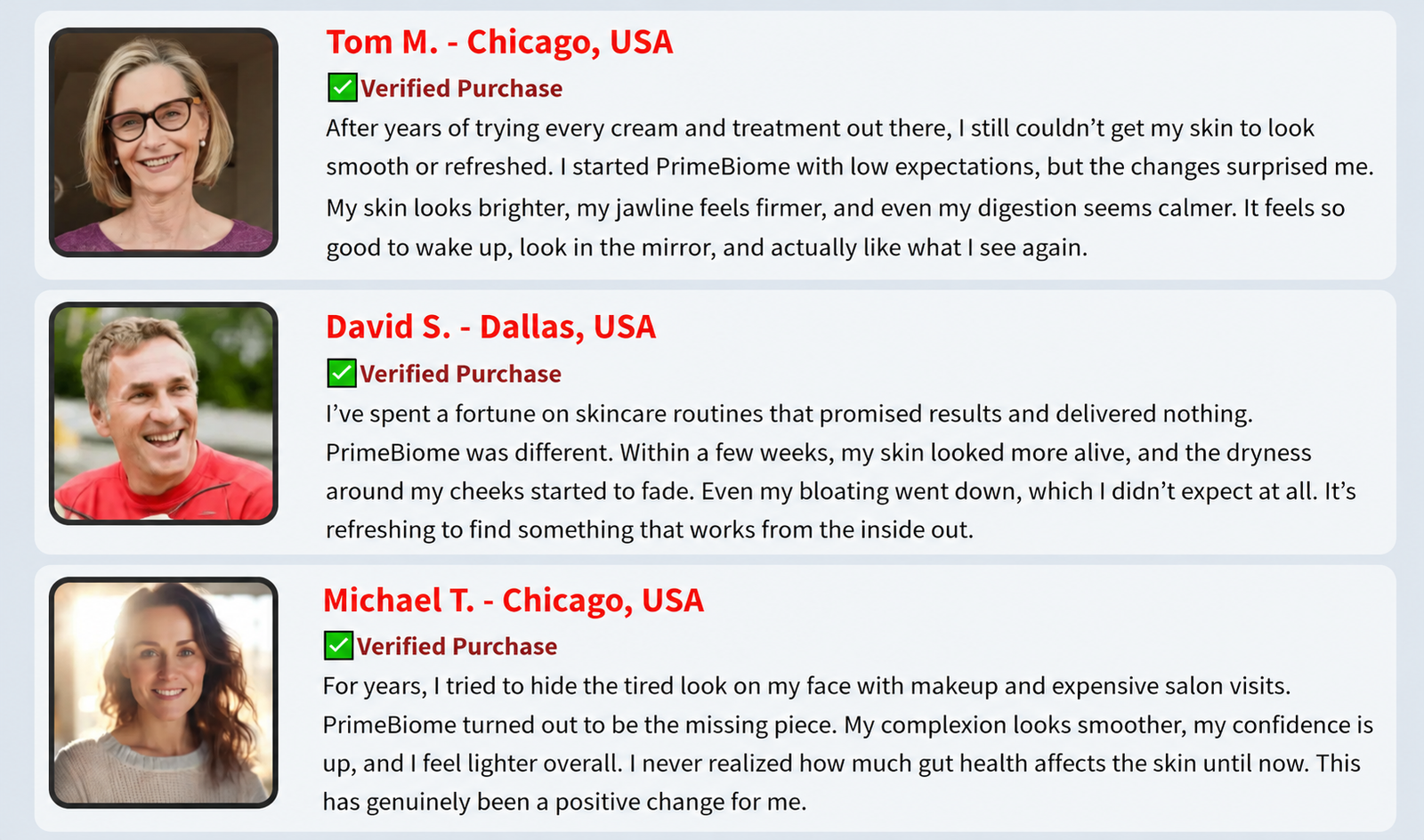 PrimeBiome customer feedback collage showing real user reviews and results